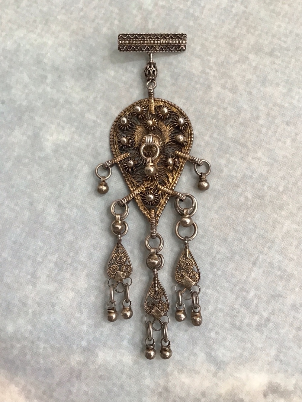 Yemeni Silver Filigree Dangles Brooch: Tribal Bawsani Jewelry 1940’s - 1960’s